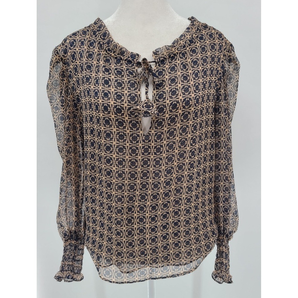 Misa Los Angeles Sheer Boho Women Blouse Top XS Ruffle Tassel‎ Balloon Blue Tan